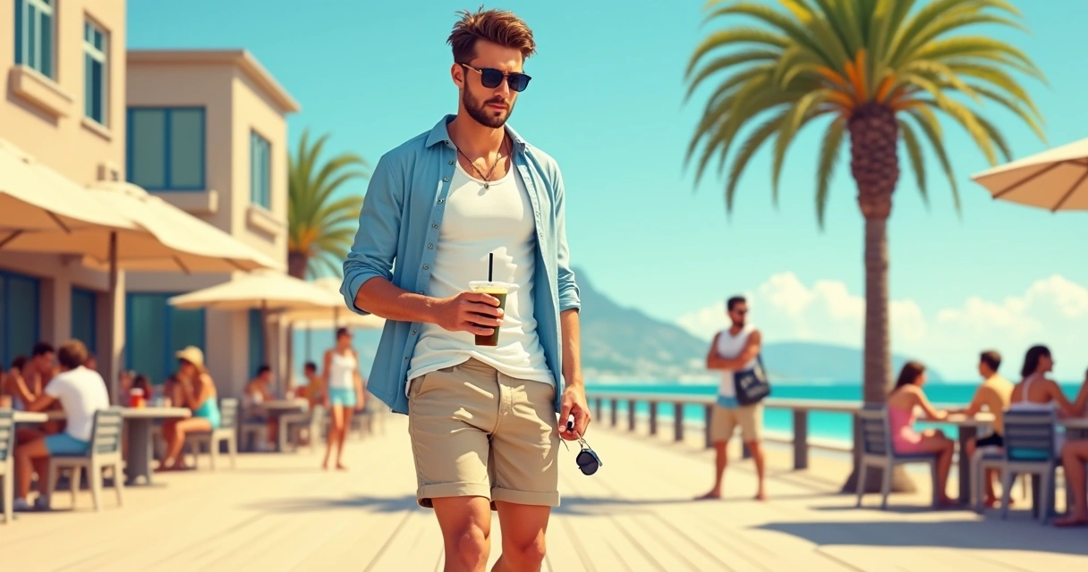 Homem combinando camiseta manga longa azul clara com regata branca e bermuda bege em dia ensolarado