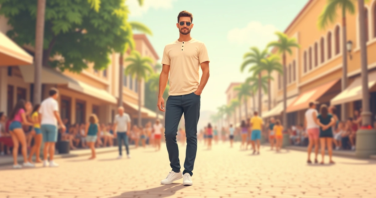 Homem com camiseta clara e calça escura em visual casual para samba
