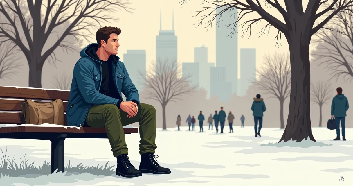 Homem com camiseta gola alta preta, jaqueta jeans azul, calça cargo verde oliva e botas pretas sentado em banco de praça