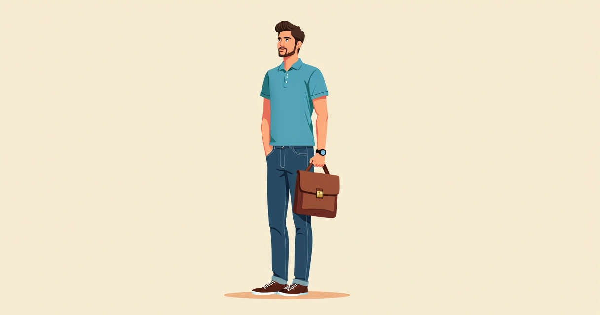 Homem vestindo camisa polo azul e calça jeans, segurando bolsa casual