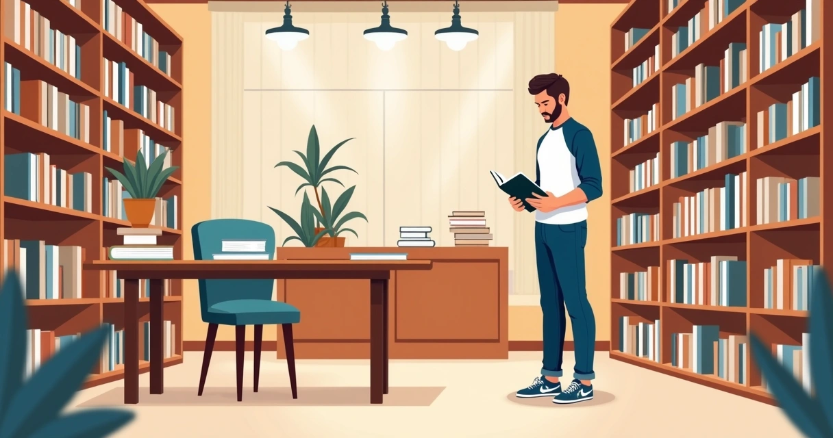 Homem com camiseta raglan lendo em livraria moderna