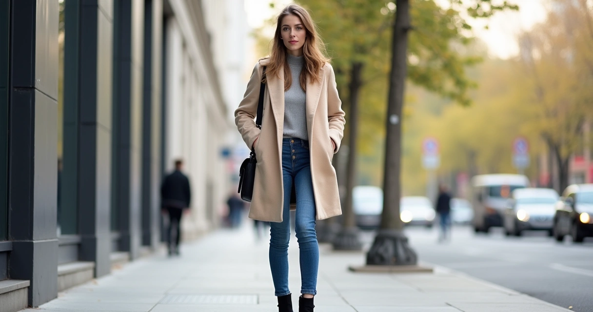 Mulher com calça skinny e casaco oversized moderno 