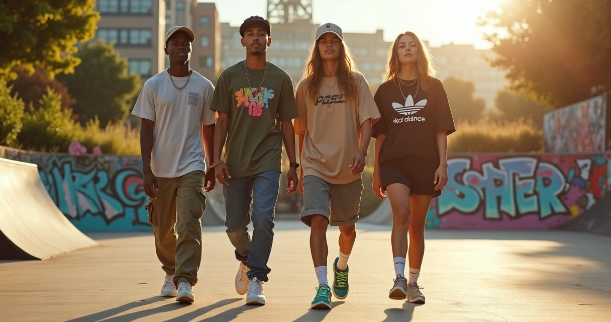 Jovens usando streetwear colorido caminhando em parque urbano grafitado 