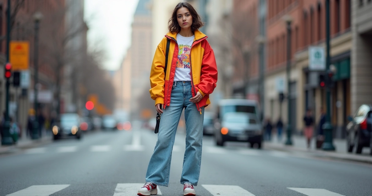 Mulher com jaqueta esportiva oversized, calça jeans wide leg e camiseta estampada, parada em uma rua com prédios ao fundo 