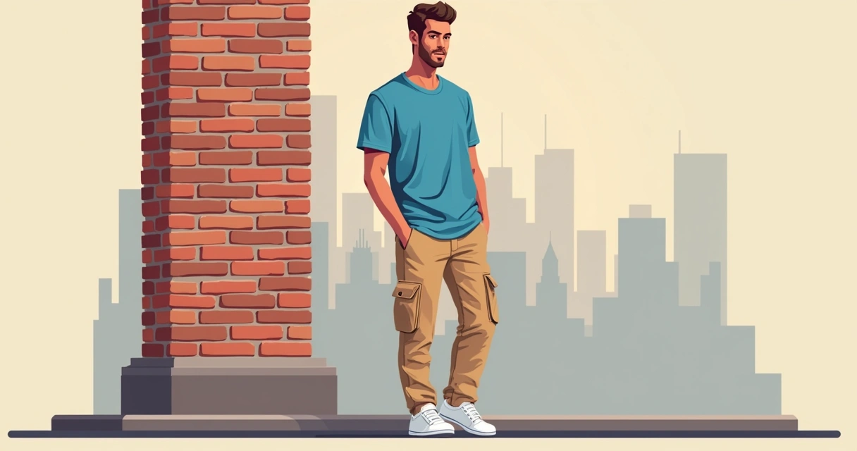 Homem com camiseta oversized azul, calça cargo e tênis branco, em ambiente urbano