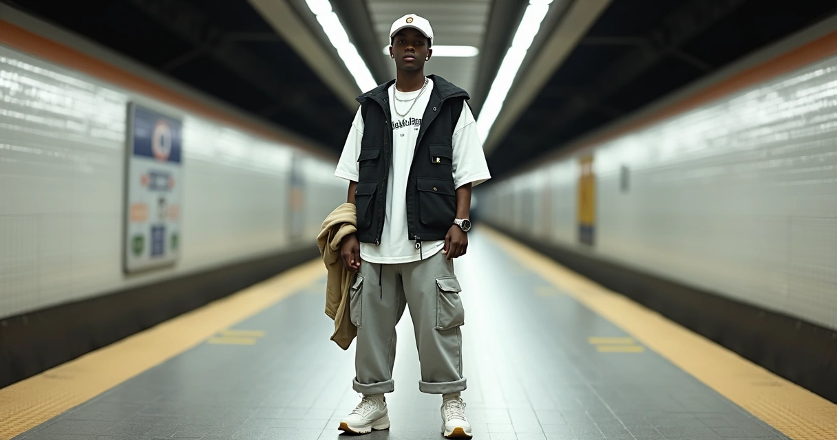 Pessoa com look streetwear oversized em estação de metrô moderna 