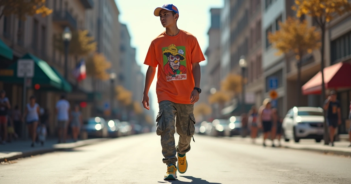 Jovem andando na cidade usando look streetwear colorido com tênis e boné 