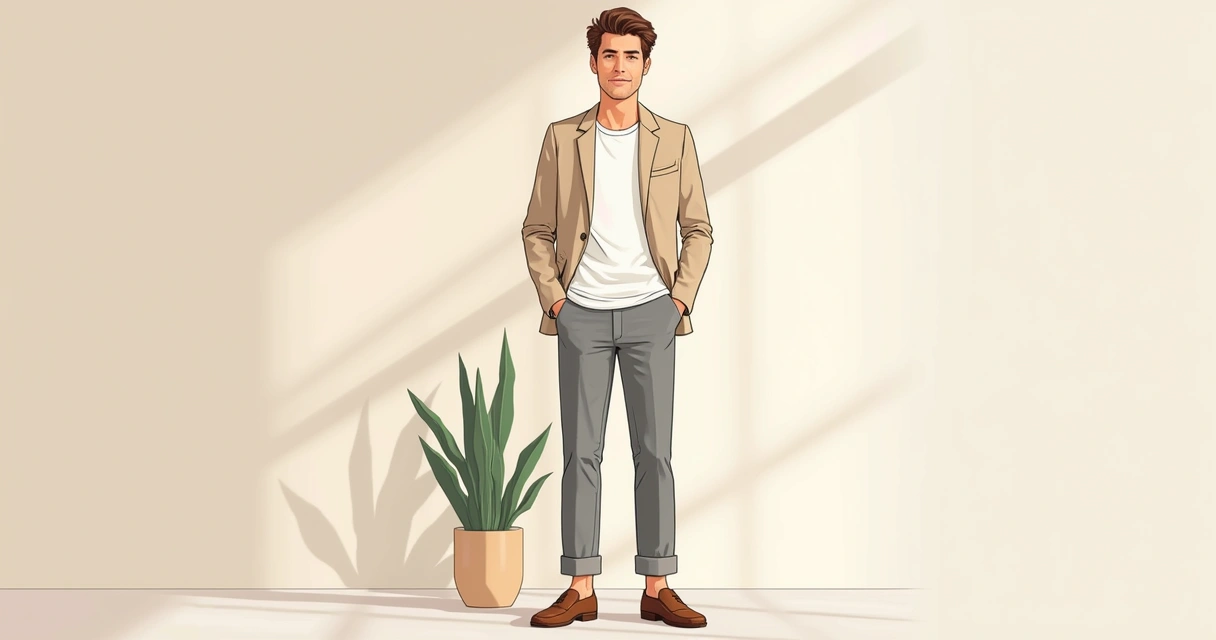 Homem com camiseta branca, blazer bege e calça de alfaiataria cinza em ambiente casual elegante