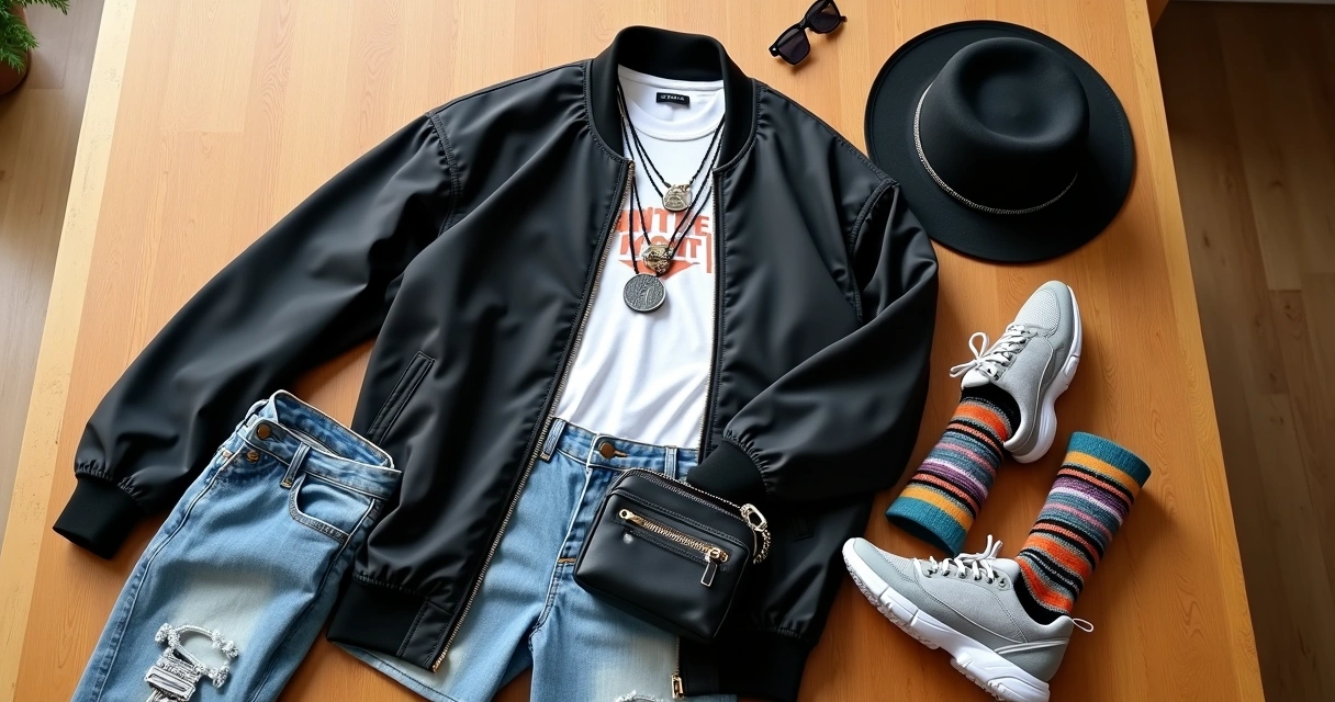 Exemplo de look streetwear com sobreposição e acessórios 