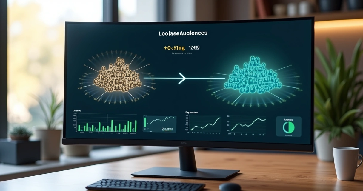 Painel de marketing digital mostrando público semelhante e gráficos de conversão 