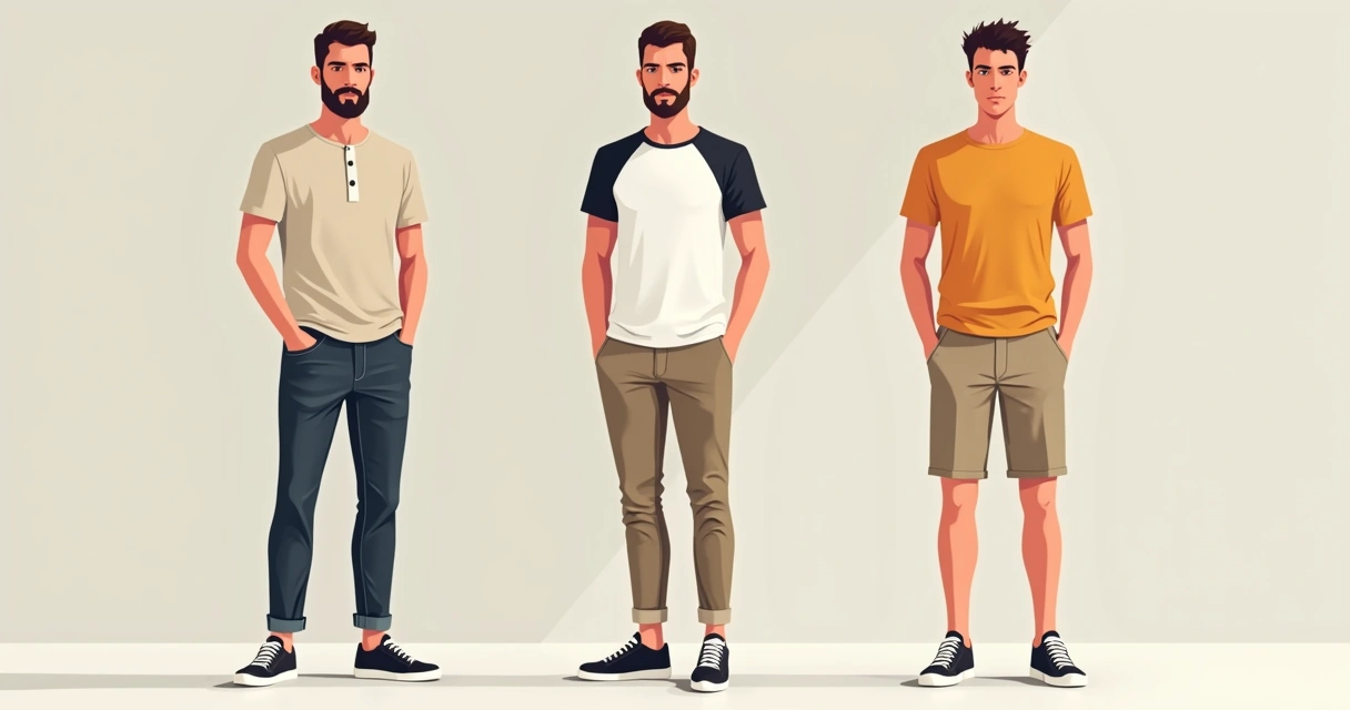 Três looks masculinos casuais em composição moderna