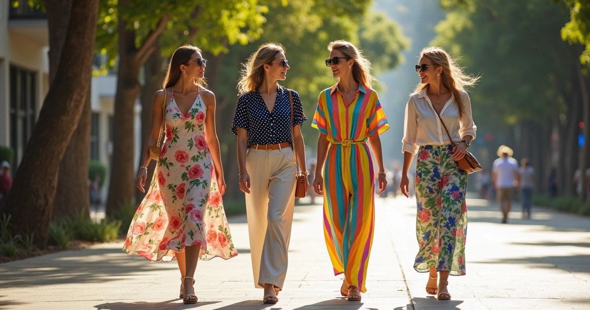 Mulheres em rua urbana usando looks com estampas florais poá listras e abstratas coloridas 