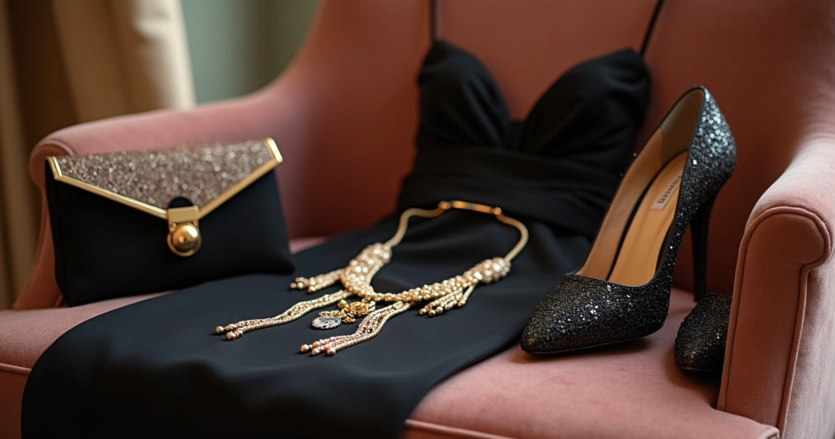 Detalhe de acessórios e sapatos ao lado de vestido de formatura.