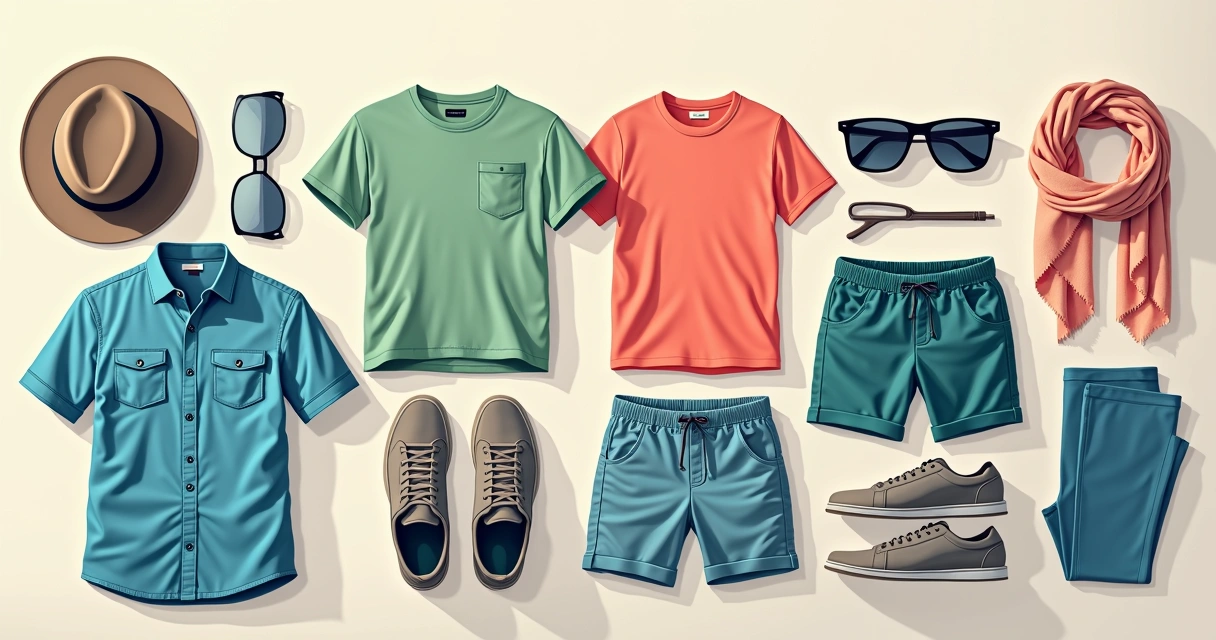 Montagem de roupas masculinas com cores vibrantes para verão europeu em fundo claro