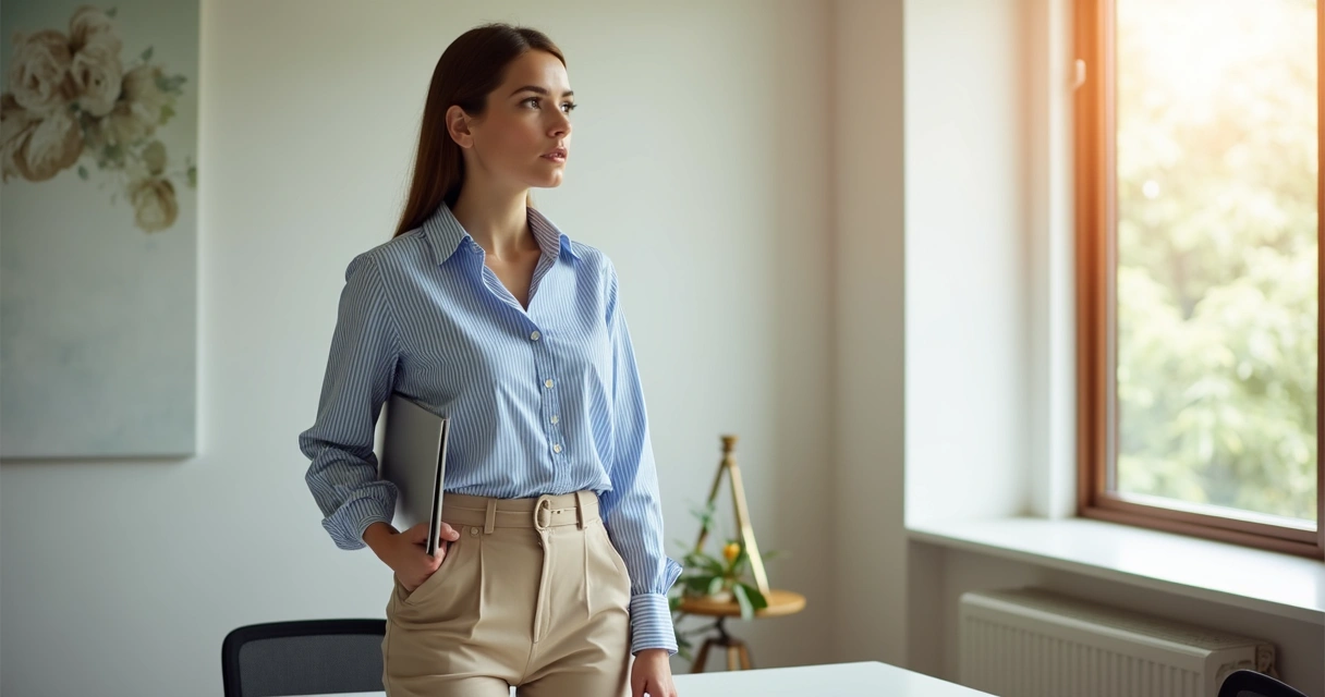 Camisa listrada azul e branca em conjunto com calça de alfaiataria