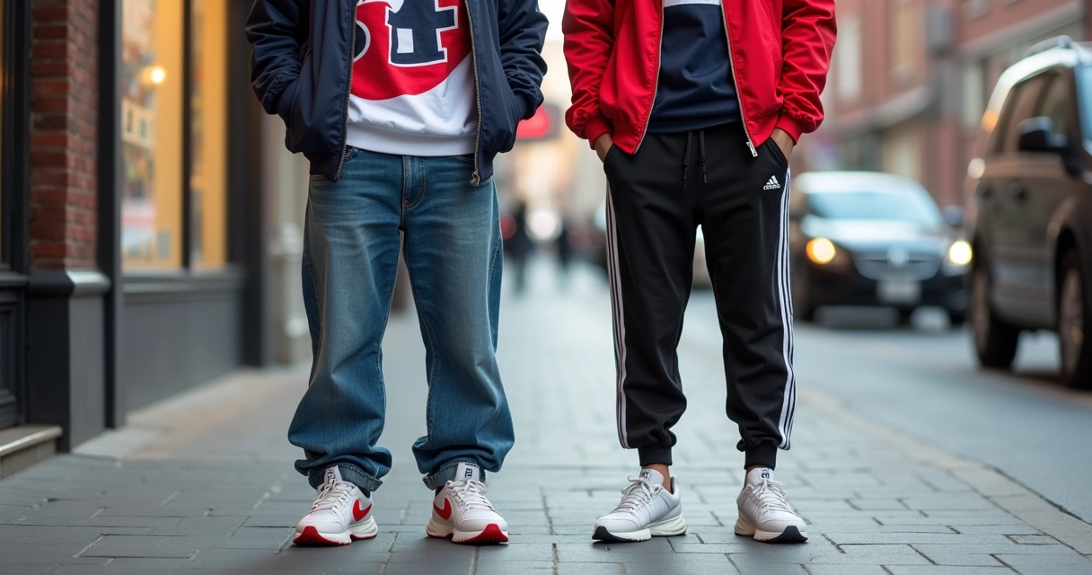 Dois looks urbanos esportivos em ambiente de rua 