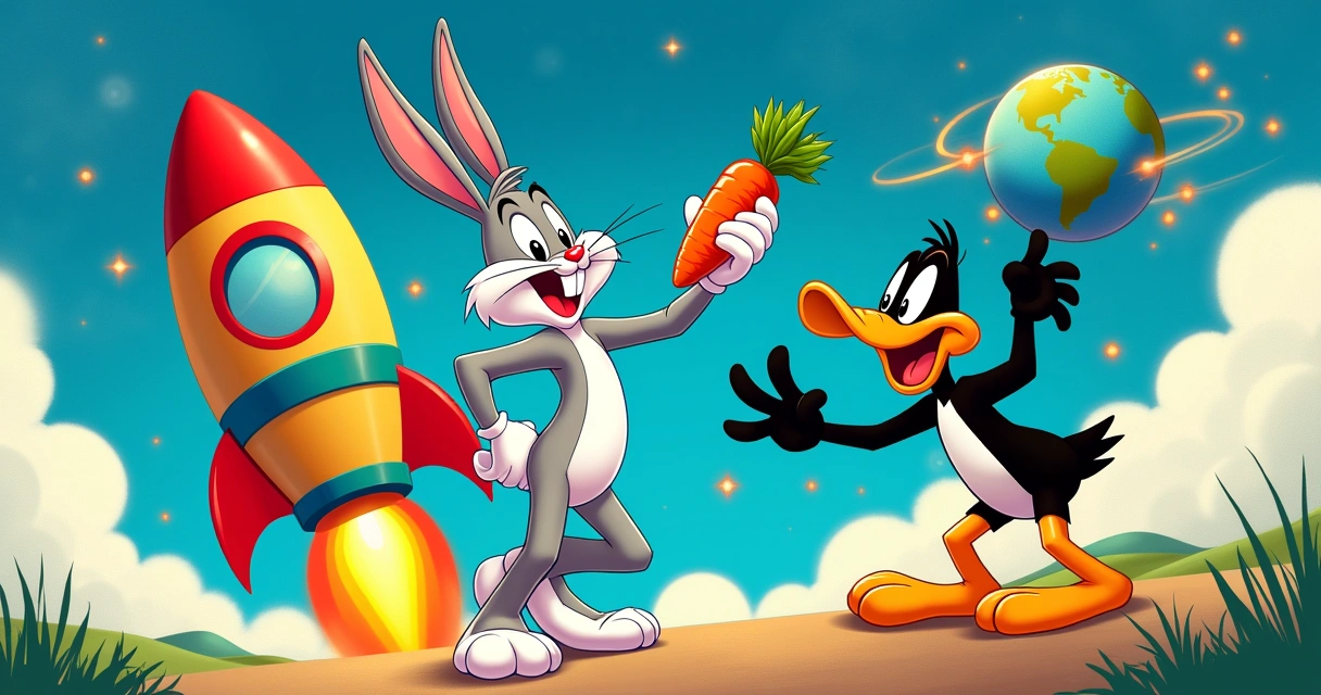 Ilustração colorida dos personagens Pernalonga e Patolino com um foguete e um globo terrestre giratório.