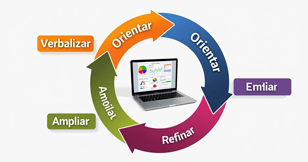 Ilustração de framework Loop Marketing com etapas e análise de dados em painel 