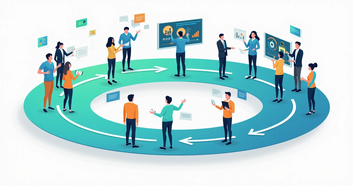 Ciclo de marketing mostrando testes, dados e pessoas interagindo em várias plataformas digitais 