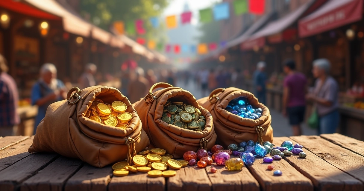 Sacolas de loot do jogo Tibia abertas com itens valiosos em mesa de mercado virtual 