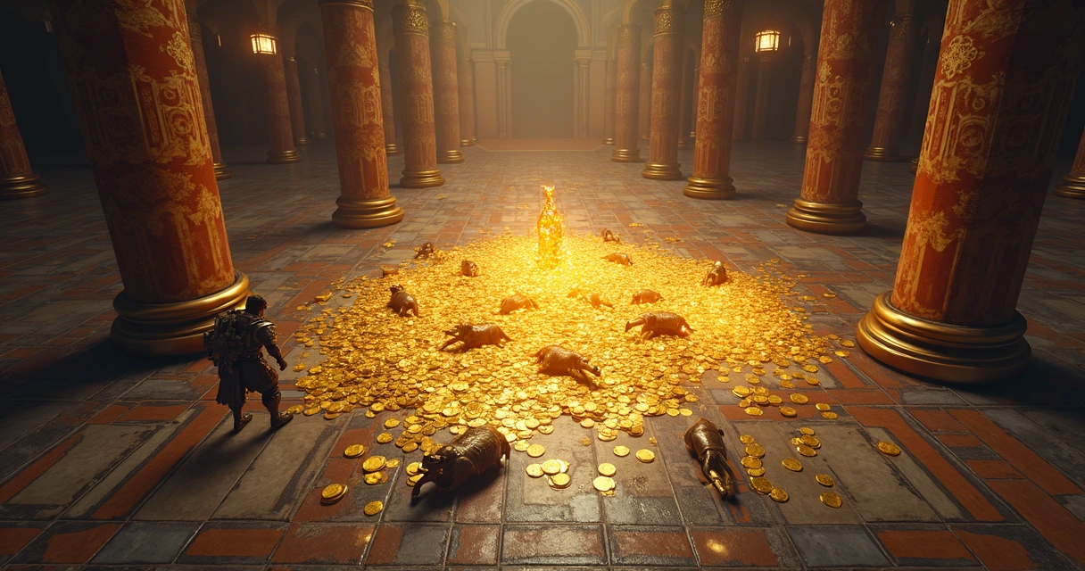 Jogador coletando loot raro de boss diário no chão de salão ornamentado