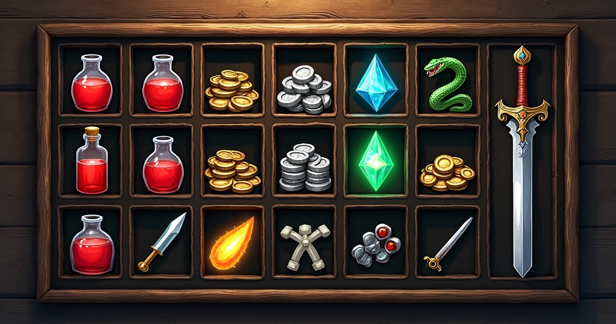 Inventário de loot no Tibia com poções, moedas, peles e armas 