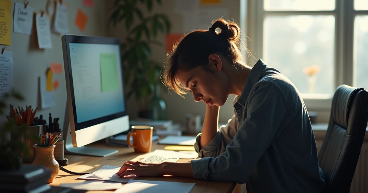 Individual sitting at a desk looking drained with faded motivational notes nearby 