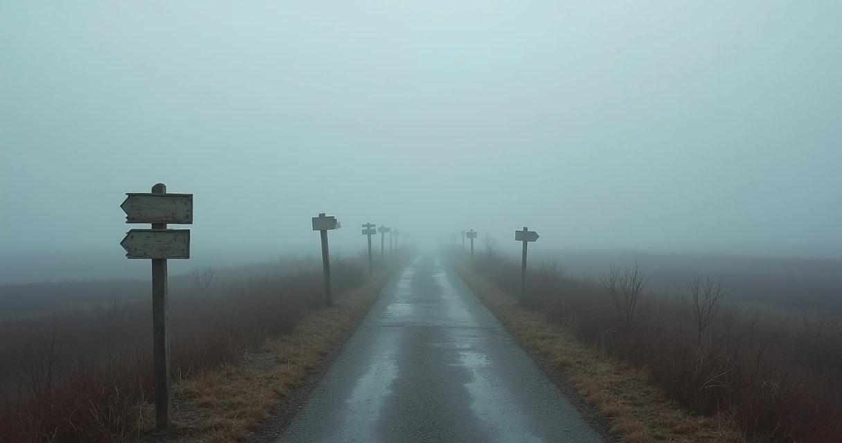 A path shrinking into fog with faded signposts, symbolizing lost direction 
