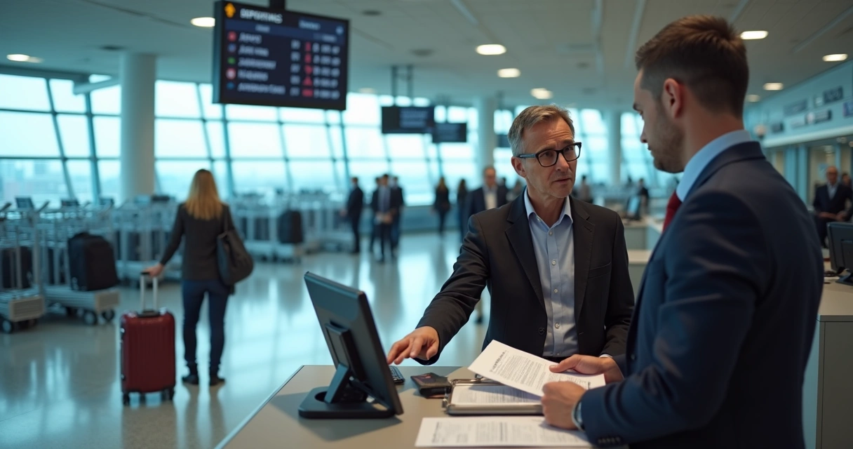 Passenger at airport reporting lost luggage at service desk 