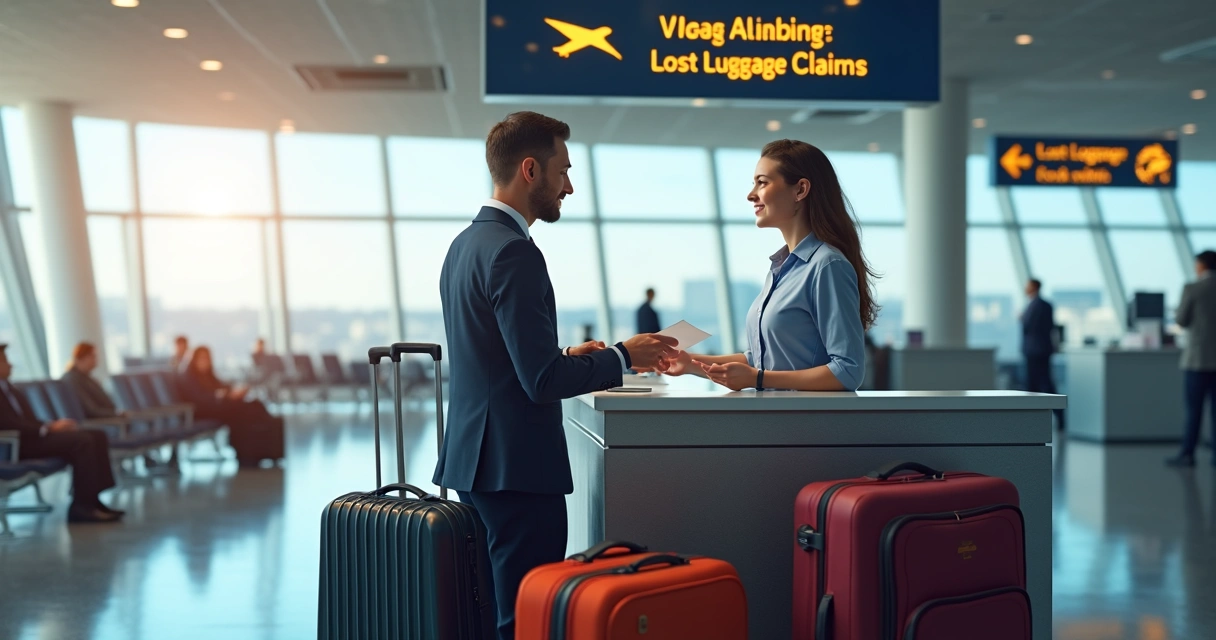 Passenger reporting lost luggage at airline claim desk with airport background 