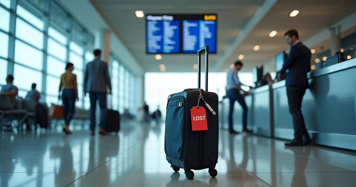 Passenger at airport counter reporting lost suitcase with lawyer documents on suitcase handle 