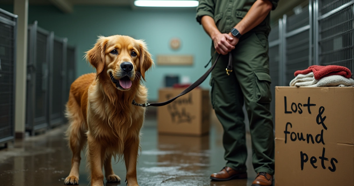 Wet golden retriever rescued from flood standing beside a shelter worker 