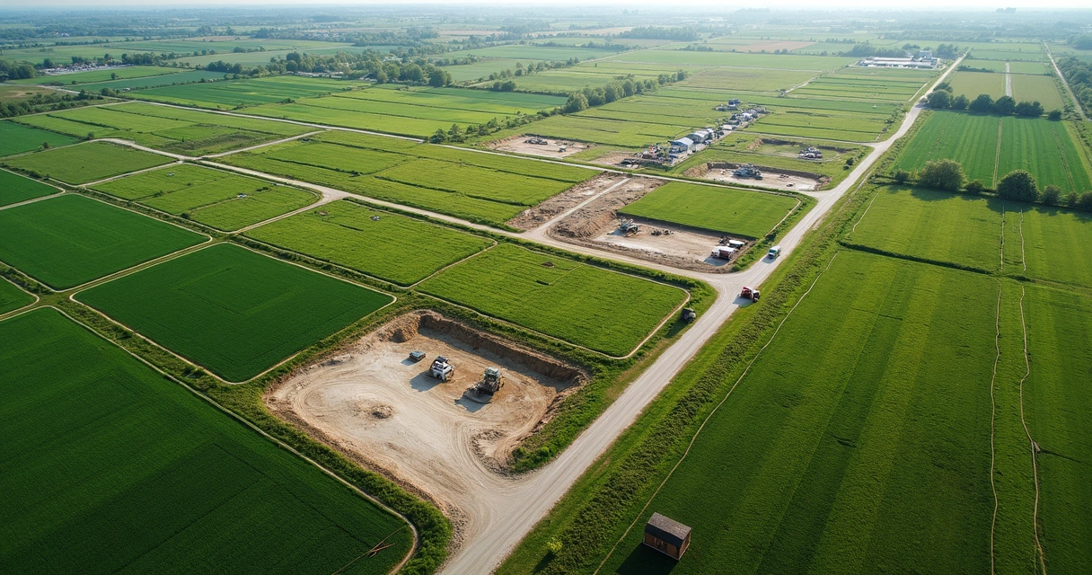 Vista aérea de terreno dividido em lotes demarcados para urbanização 