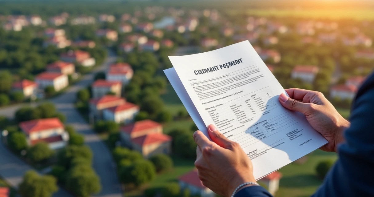 Loteamento visto de cima com documentos de rescisão em primeiro plano