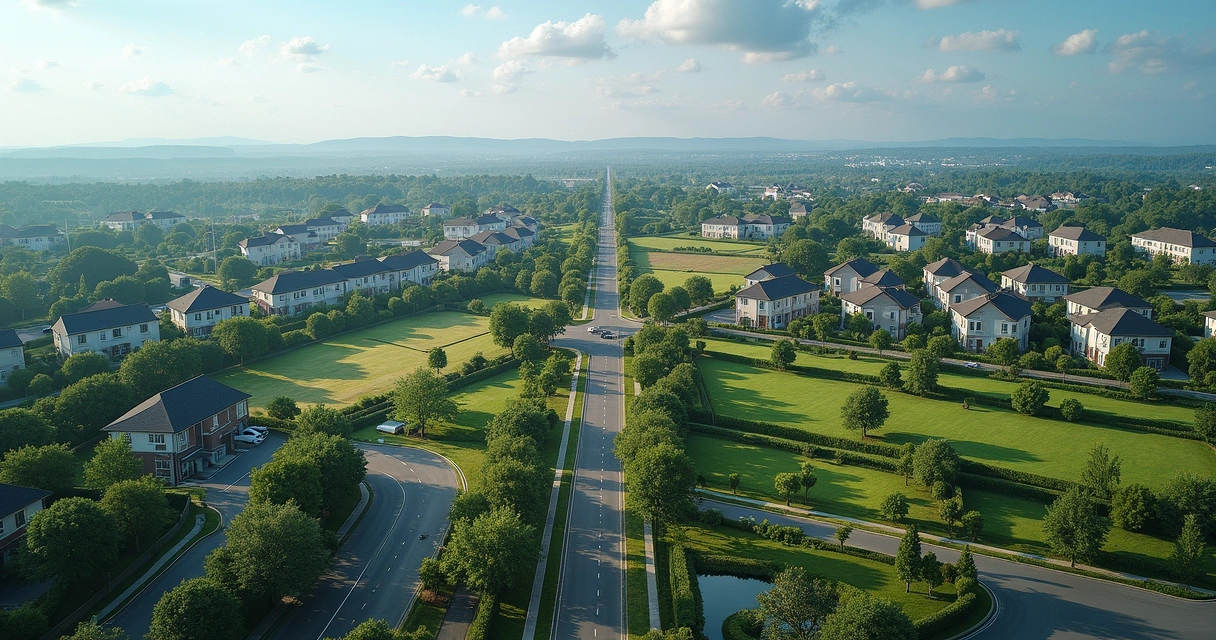 Vista aérea detalhada de um loteamento com lotes demarcados e ruas pavimentadas, ao lado um condomínio de lotes com áreas comuns bem definidas e cercas divisórias nítidas 