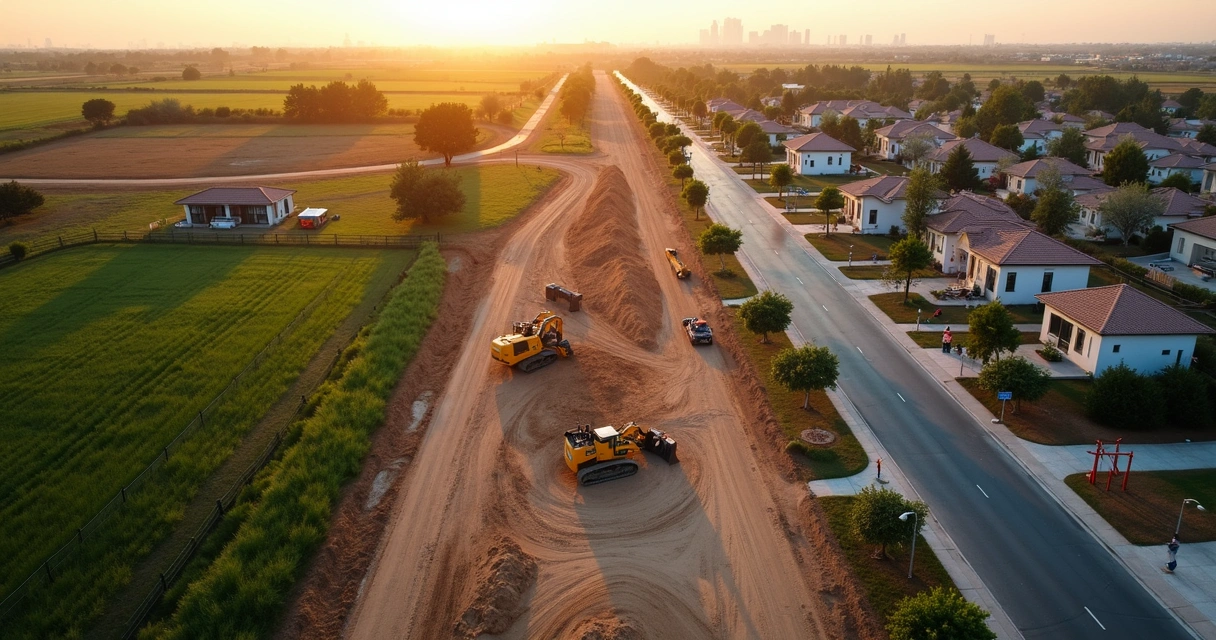 Vista aérea de área rural sendo transformada em loteamento urbano planejado 