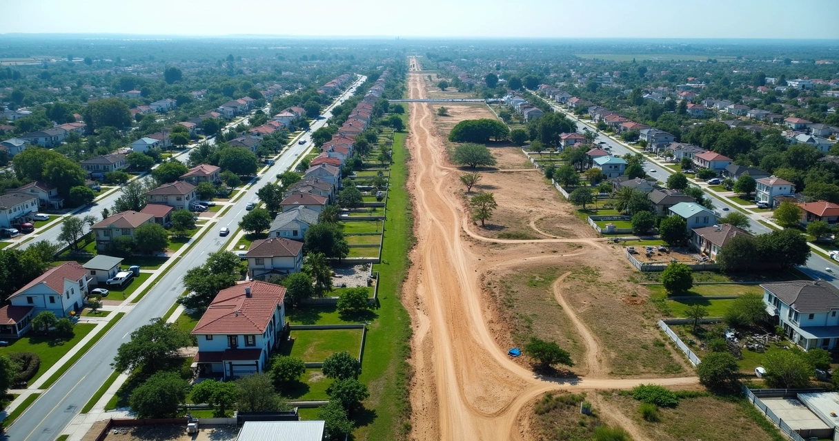 Visão aérea detalhada mostrando contraste entre loteamento urbano regular e área de loteamento irregular com terrenos desordenados e construções sem planejamento 