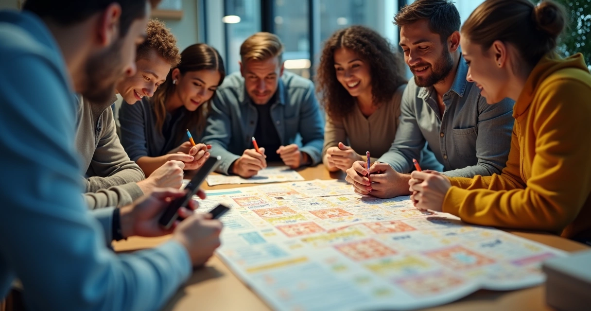 Pessoas reunidas fazendo bolão de loteria com celulares e papeis 