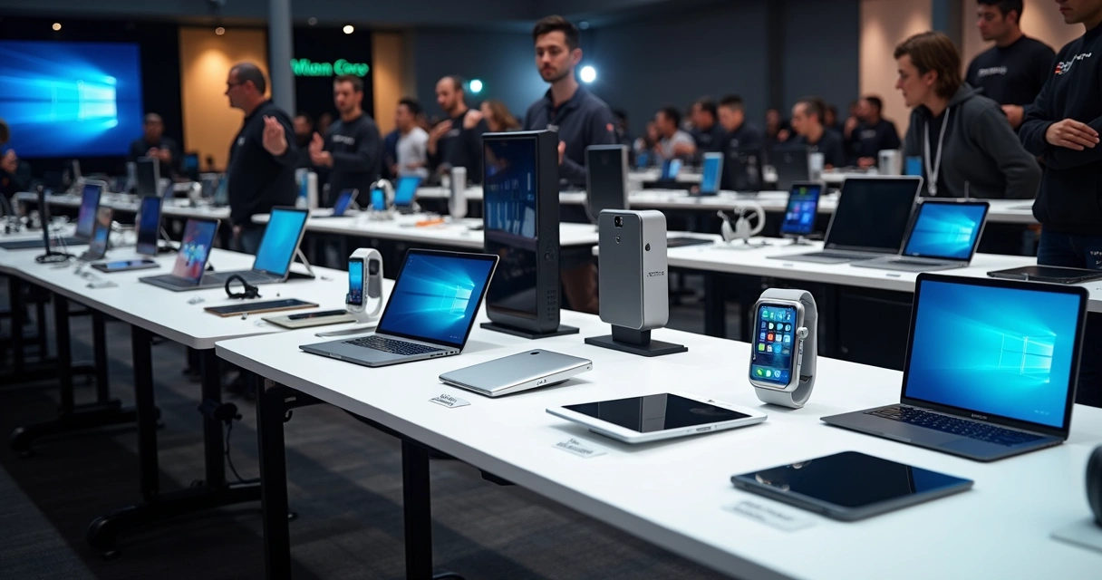 Lotes de eletrônicos dispostos em uma mesa de leilão 
