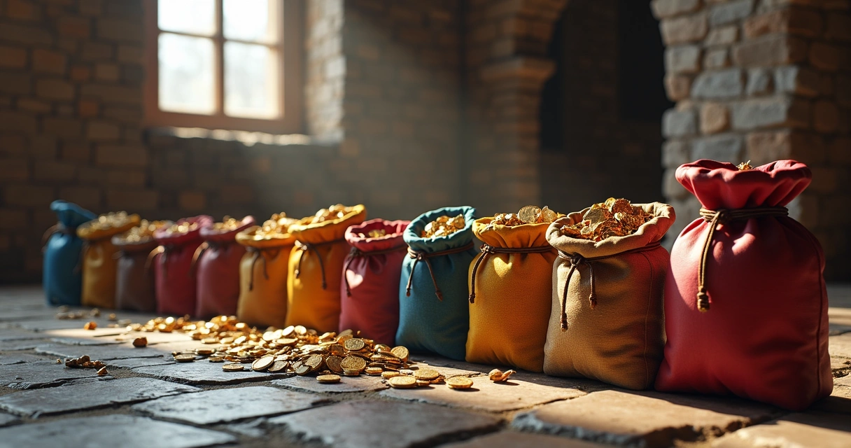 Diversas loot bags organizadas no chão com itens variados do Tibia