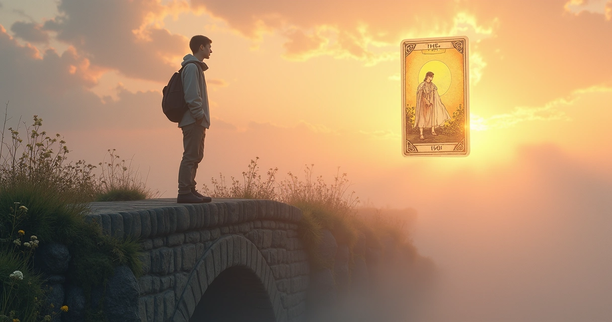 Homem caminhando por uma ponte antiga, com carta de tarot do Louco ao fundo 