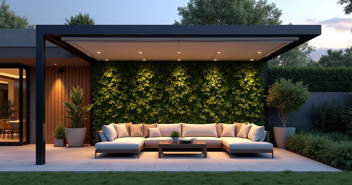 Tendências em design de pergolados para jardins residenciais 2 Área lounge de jardim com pergolado moderno e parede verde