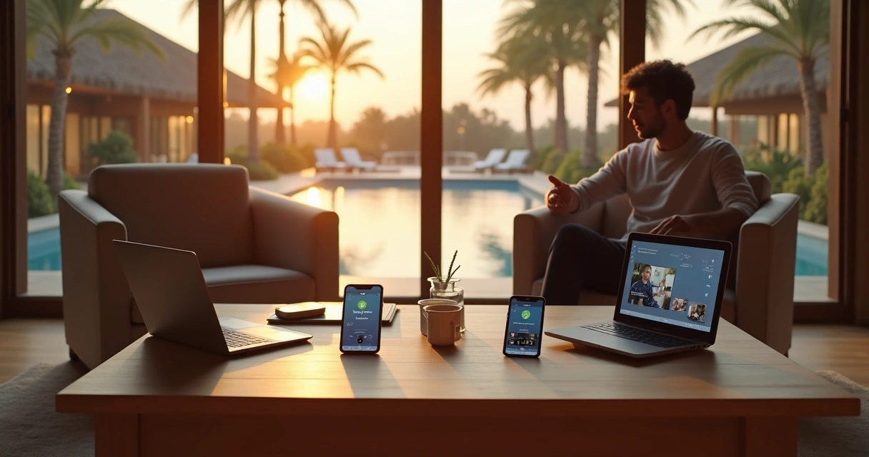 Hóspede em lounge de resort compara canais de atendimento em vários dispositivos digitais 