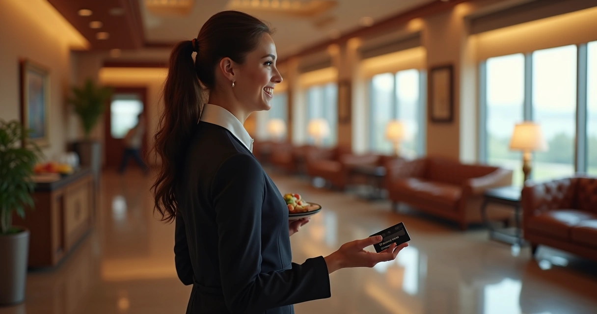 Funcionária LoungeKey recebendo passageiro com cartão premium 
