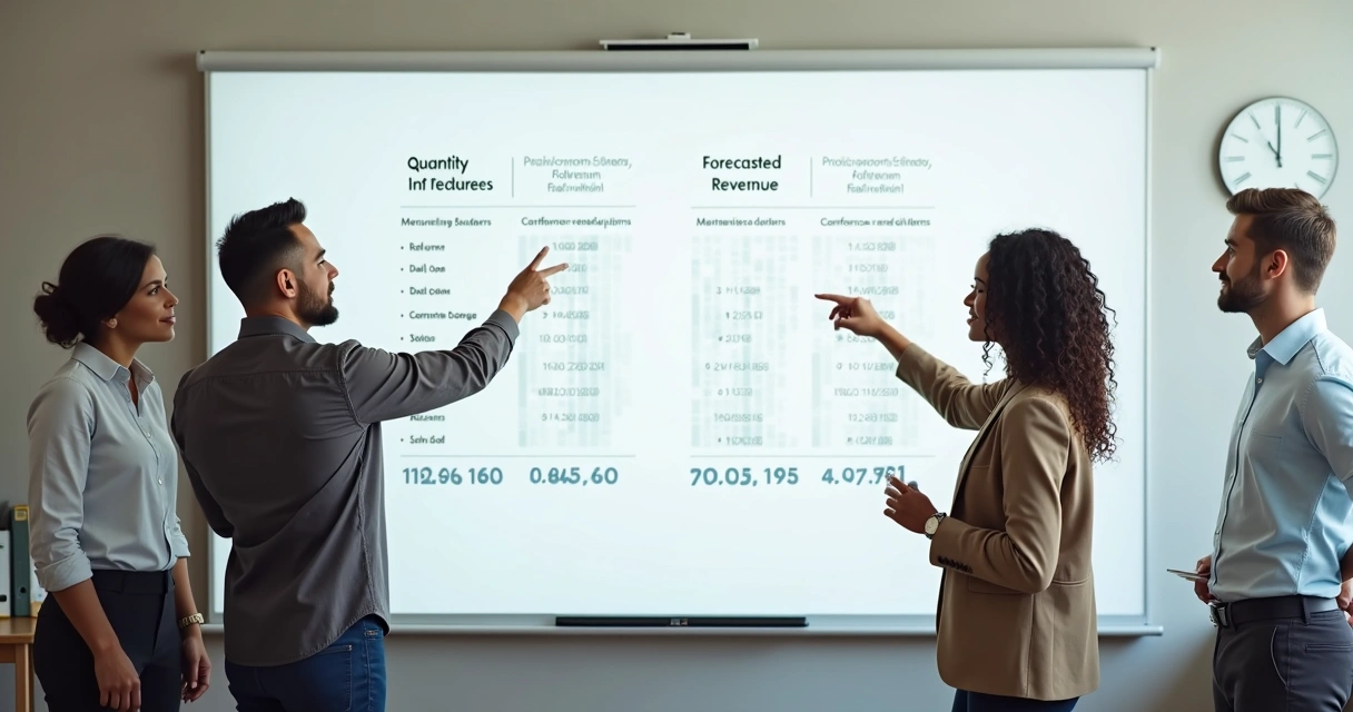 Quadro branco com equipe de vendas analisando indicadores