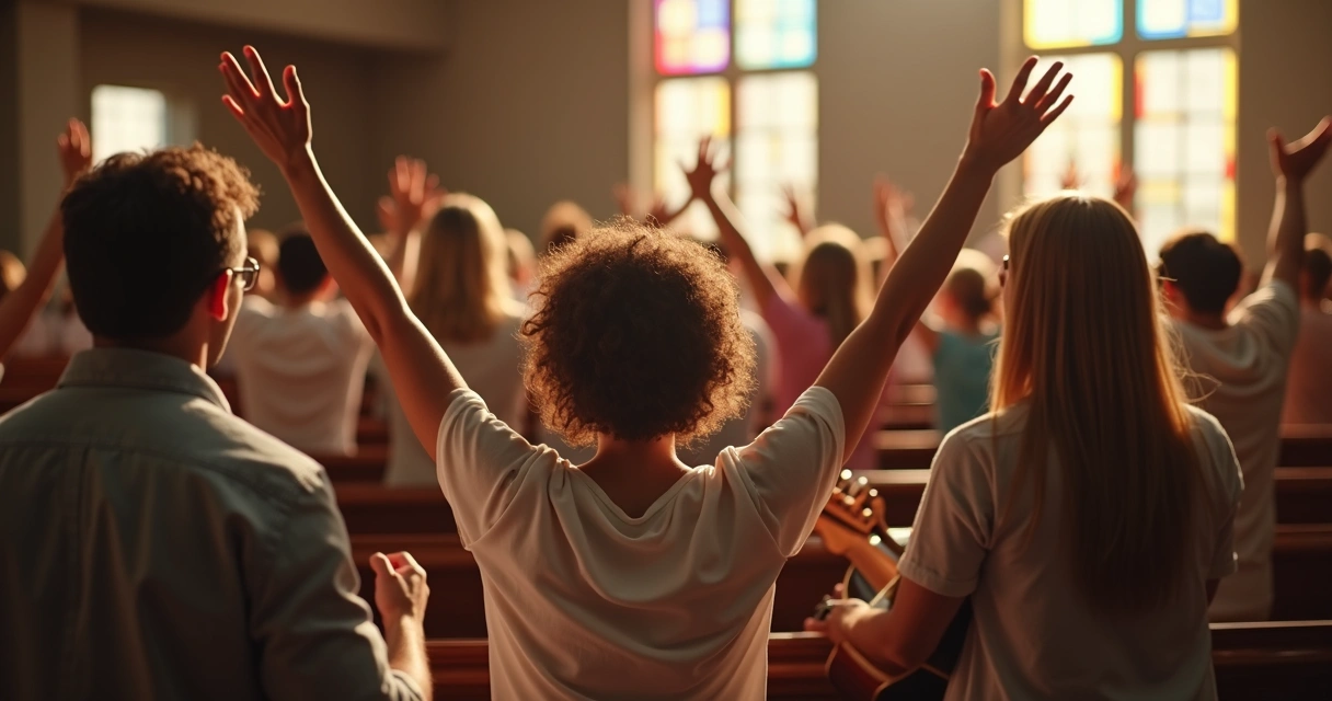 Pessoas adorando juntas em igreja com instrumentos musicais