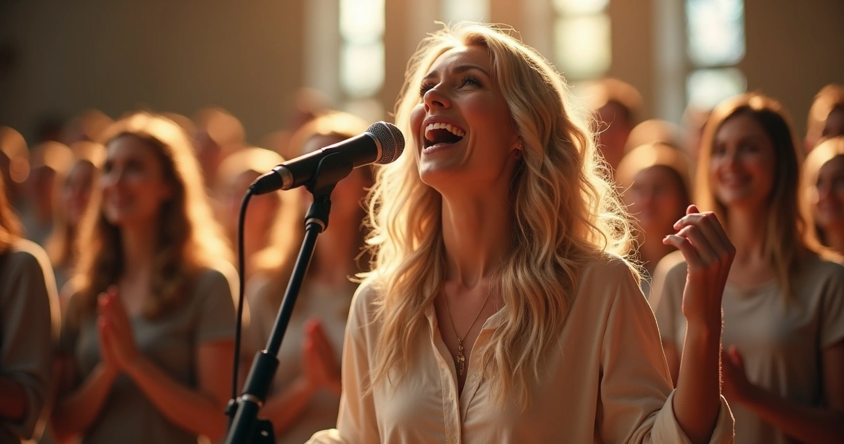 Mulher cantando no time de louvor da igreja, microfone em mãos, luzes suaves 