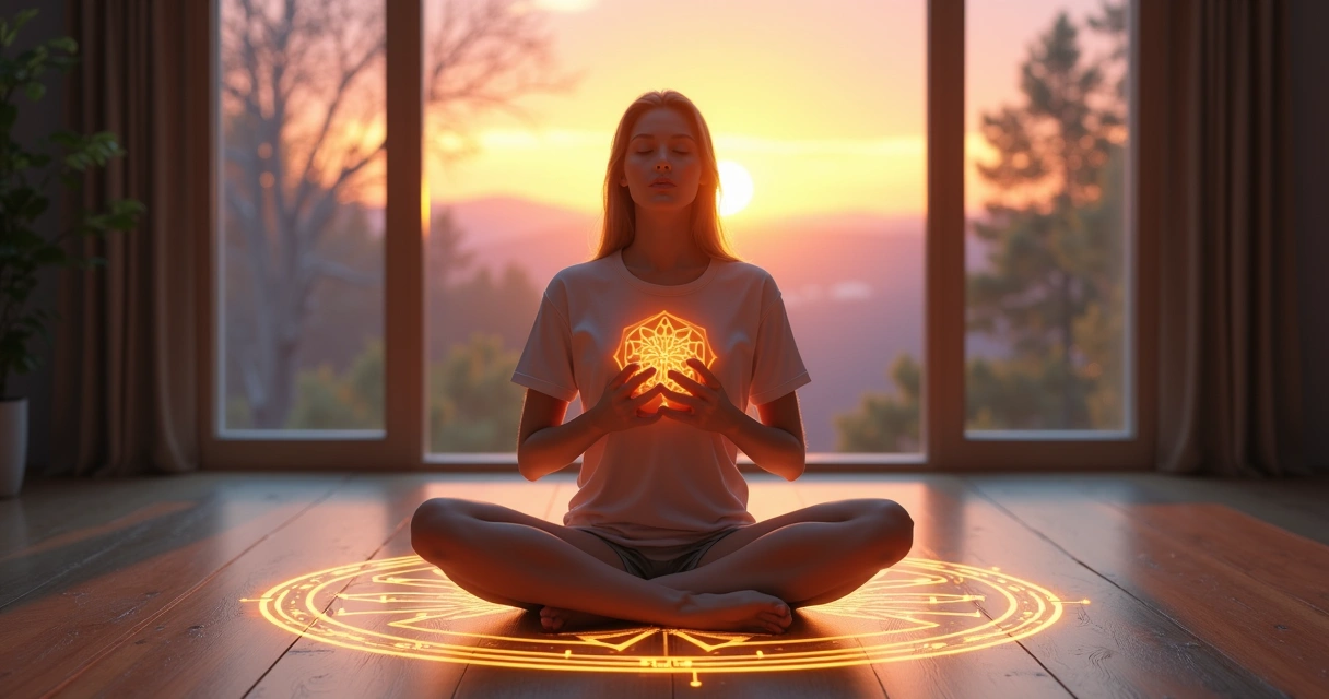 Person meditating in sacred geometry circle with heart light in the chest 