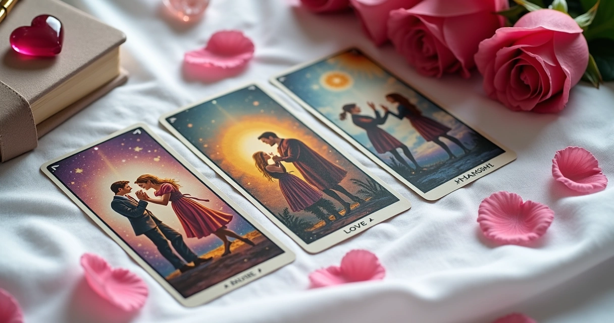 Three tarot cards for love spread with rose petals 