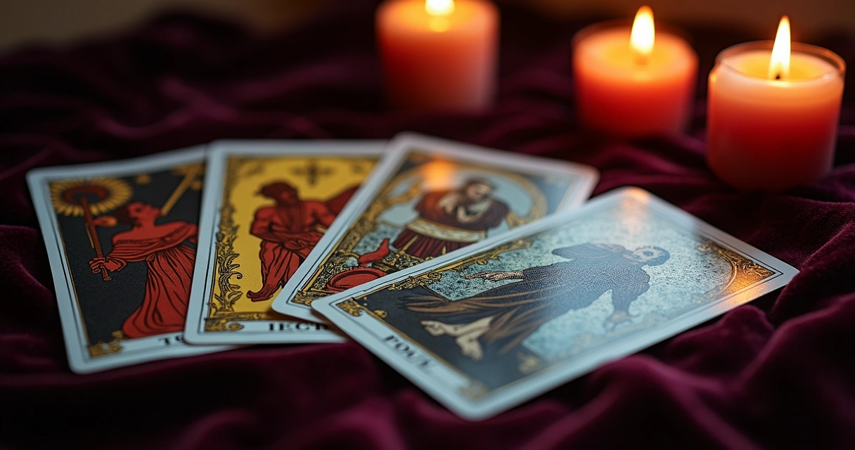Tarot card spread with The Lovers angled beside The Devil and The Fool cards. 